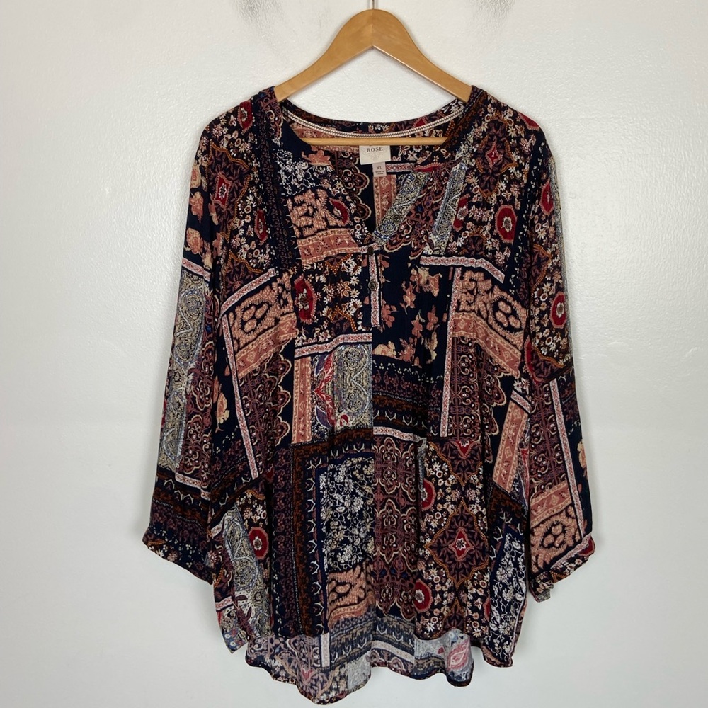 Knox Rose Boho Floral Top Size XL Long Sleeves Peasant High Low Tunic Top‎